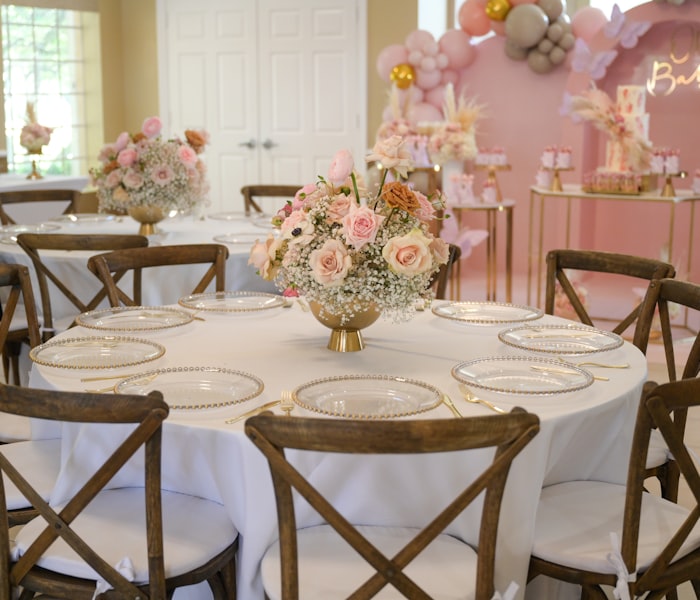 Elegant white linen and table skirting setup