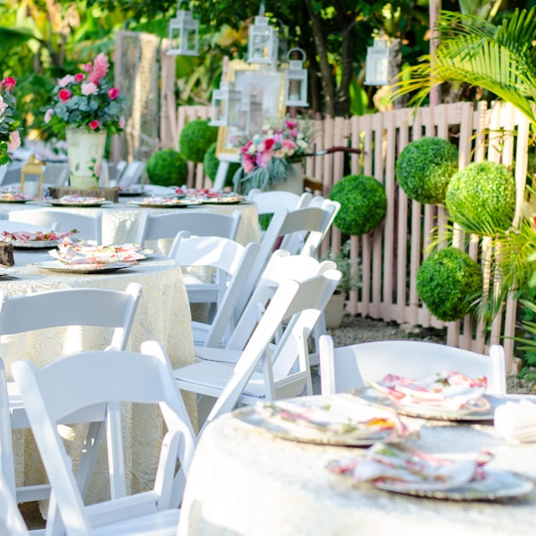 Outdoor celebration on a lawn with rental furniture