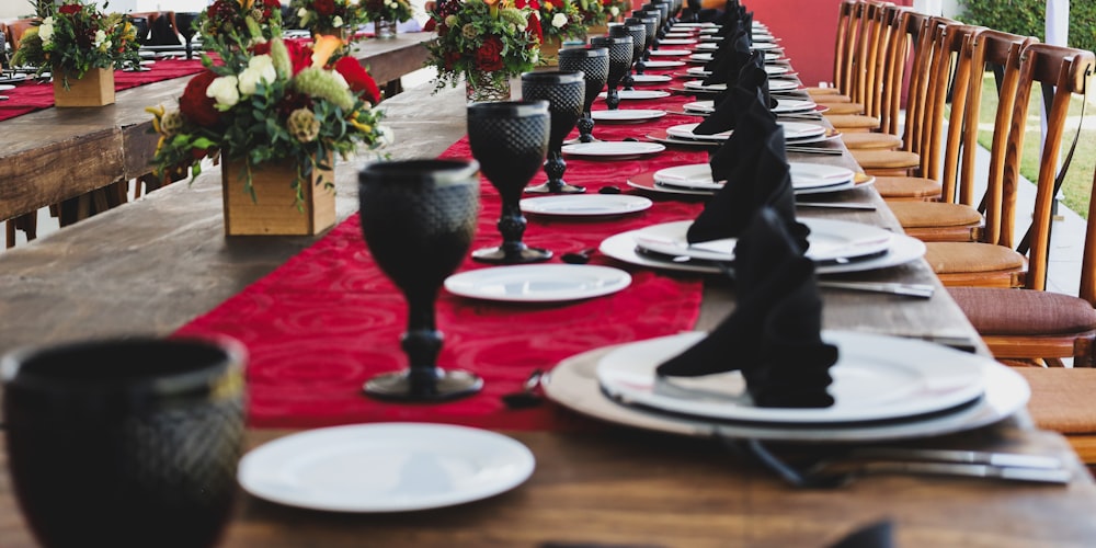 Rows of tables and chairs arranged for a party